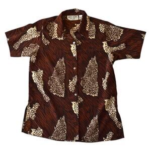 Vintage 80s Plus Size Animal Print Shirt in Brown - Unique Mixed Print Design